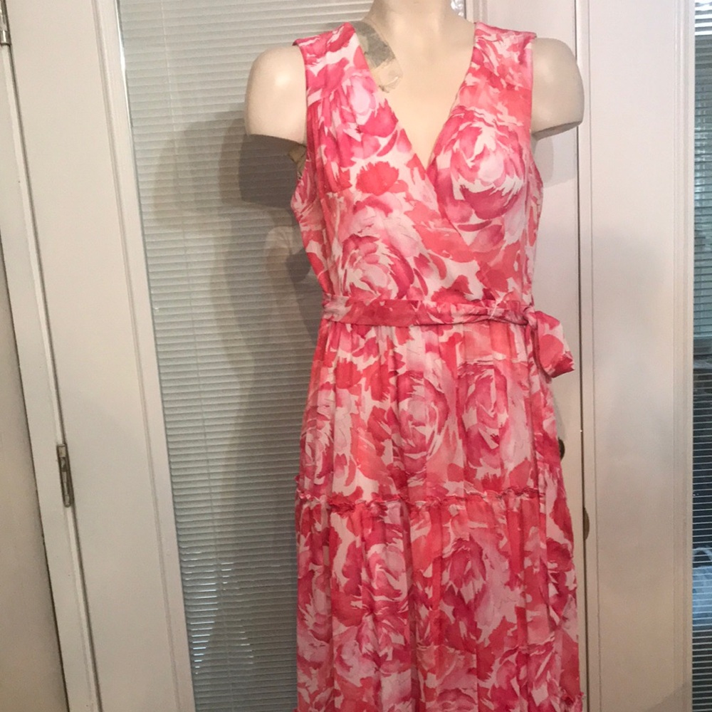 Calvin Klein Sleeveless Pink and White Wrap Maxi Dress